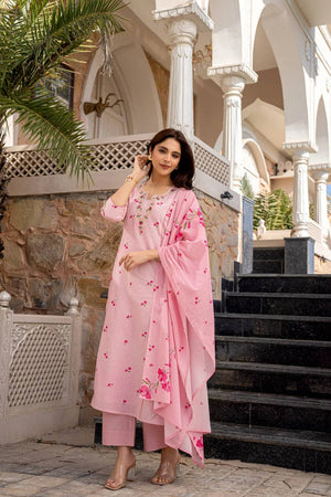 Pink Floral Printed Chanderi Straight Cut Suit Set