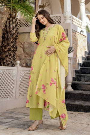 Yellow Floral Printed Chanderi Straight Cut Suit Set