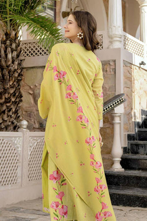 Yellow Floral Printed Chanderi Straight Cut Suit Set