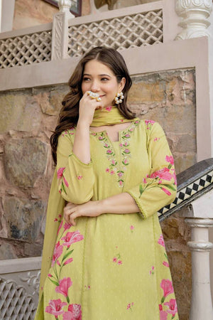 Yellow Floral Printed Chanderi Straight Cut Suit Set