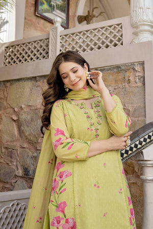 Yellow Floral Printed Chanderi Straight Cut Suit Set