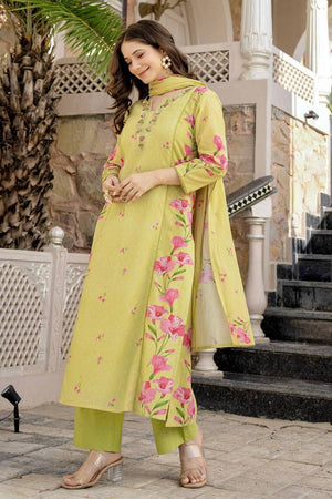 Yellow Floral Printed Chanderi Straight Cut Suit Set