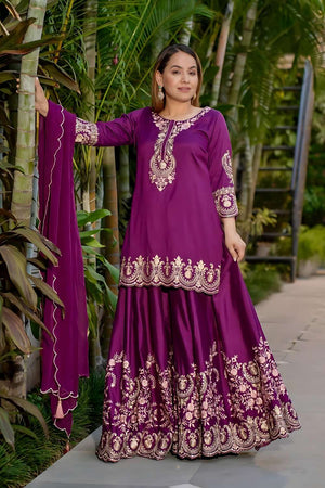 Purple Sequin Crepe Sharara Suit Set