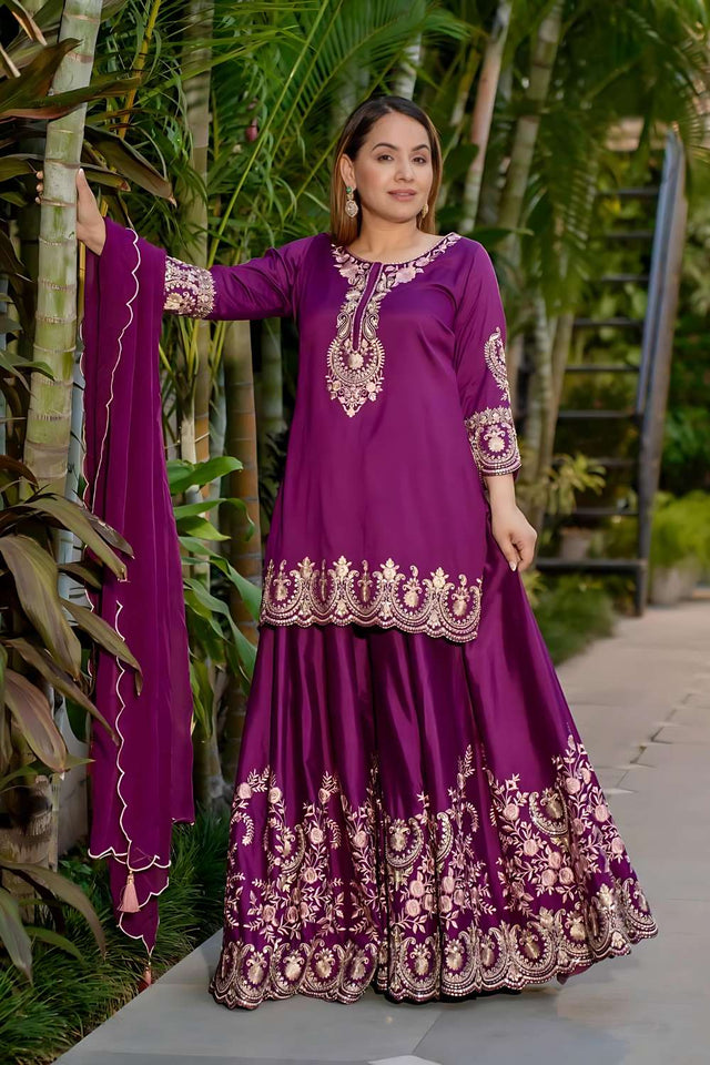 Purple Sequin Crepe Sharara Suit Set