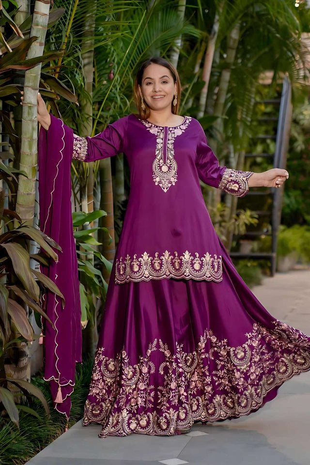 Purple Sequin Crepe Sharara Suit Set