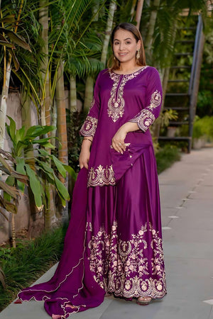 Purple Sequin Crepe Sharara Suit Set