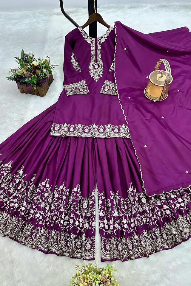 Purple Sequin Crepe Sharara Suit Set