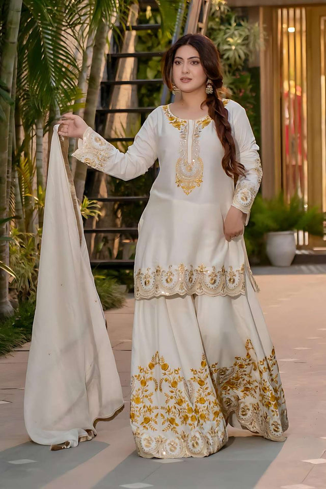 White Sequin Crepe Sharara Suit Set (HK-1704-white)