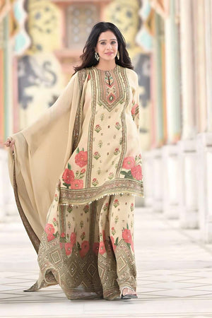 Cream Floral Printed Chinon Sharara Suit Set
