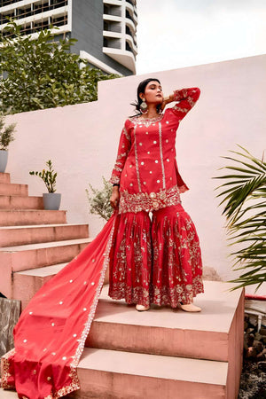 Red Sequin with Embroidered Chinon Sharara Suit Set