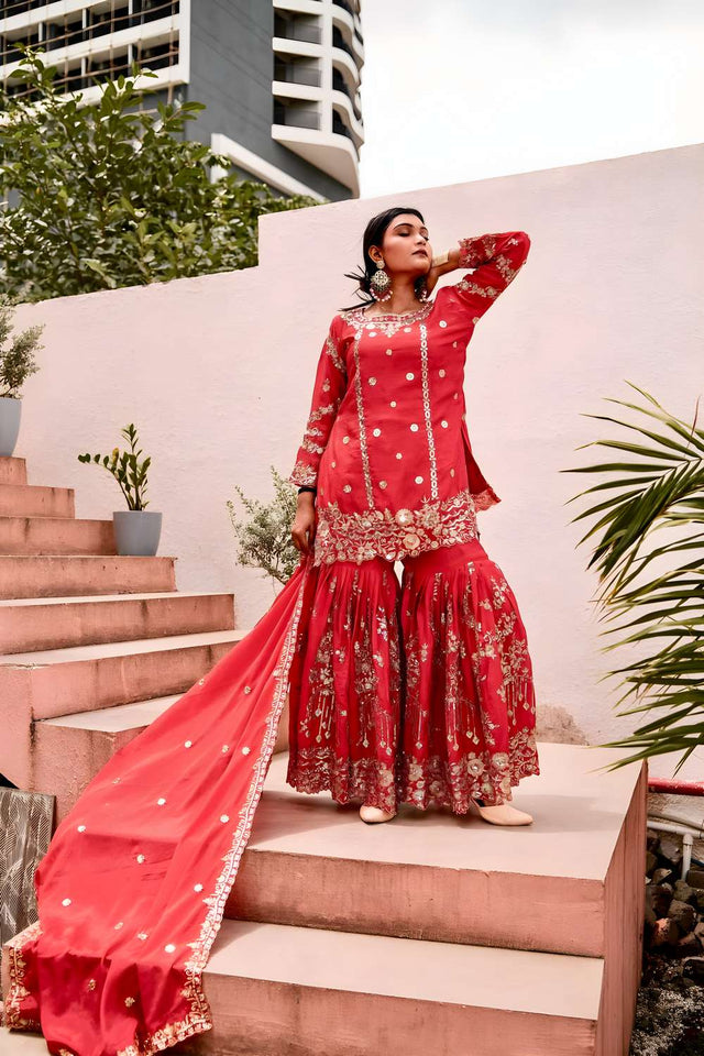 Red Sequin with Embroidered Chinon Sharara Suit Set