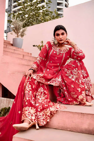 Red Sequin with Embroidered Chinon Sharara Suit Set