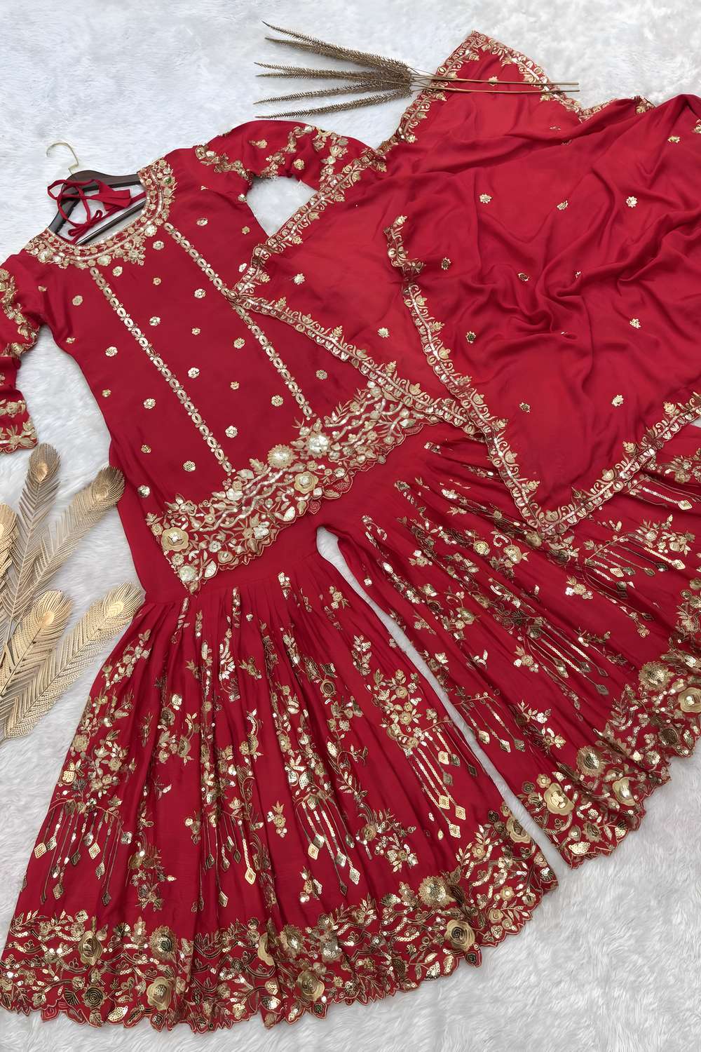 Red Sequin with Embroidered Chinon Sharara Suit Set