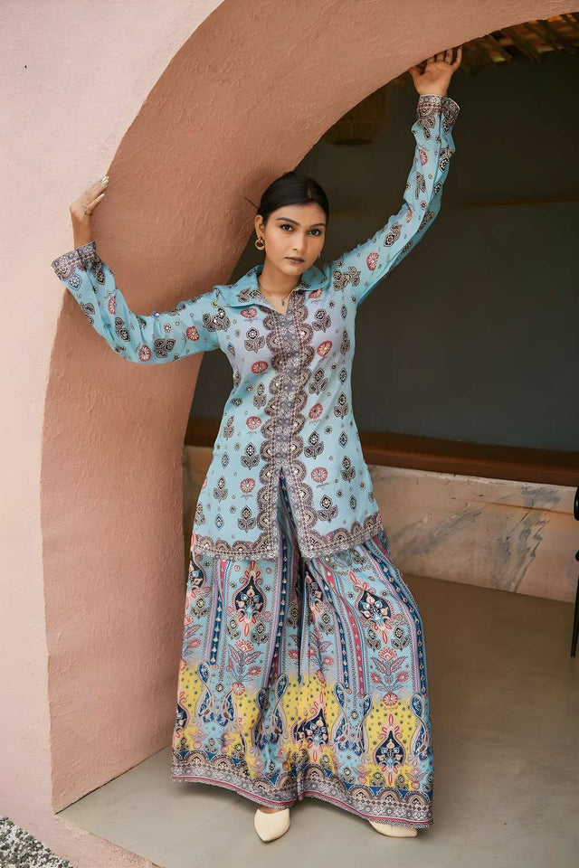 Sky Blue Printed Chinon Kurti Pant Set