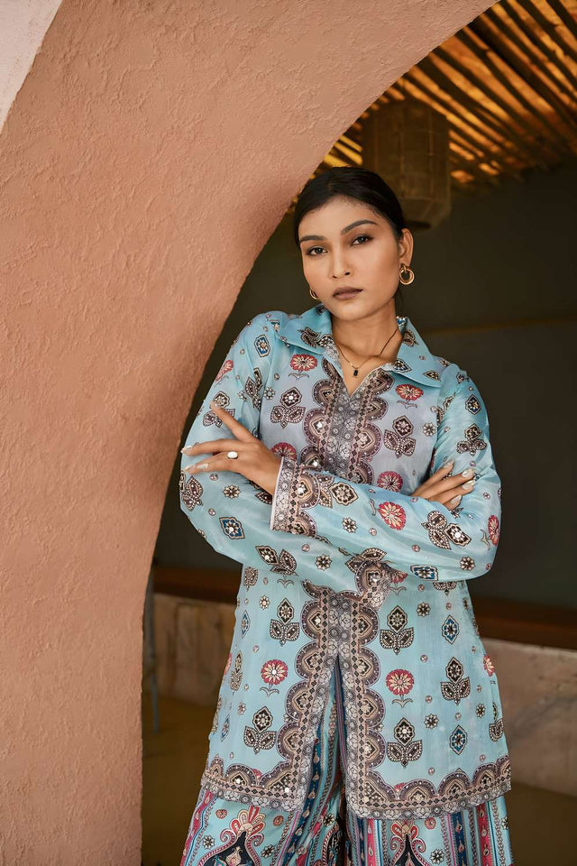Sky Blue Printed Chinon Kurti Pant Set