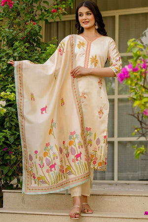 Cream Floral Embroidered Viscose Kurti Pant Set (HR-024-Cream)