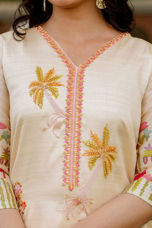 Cream Floral Embroidered Viscose Kurti Pant Set (HR-024-Cream)