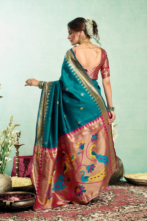 Turquoise Paithani Peacock Woven Silk Blend Saree (HT1601)