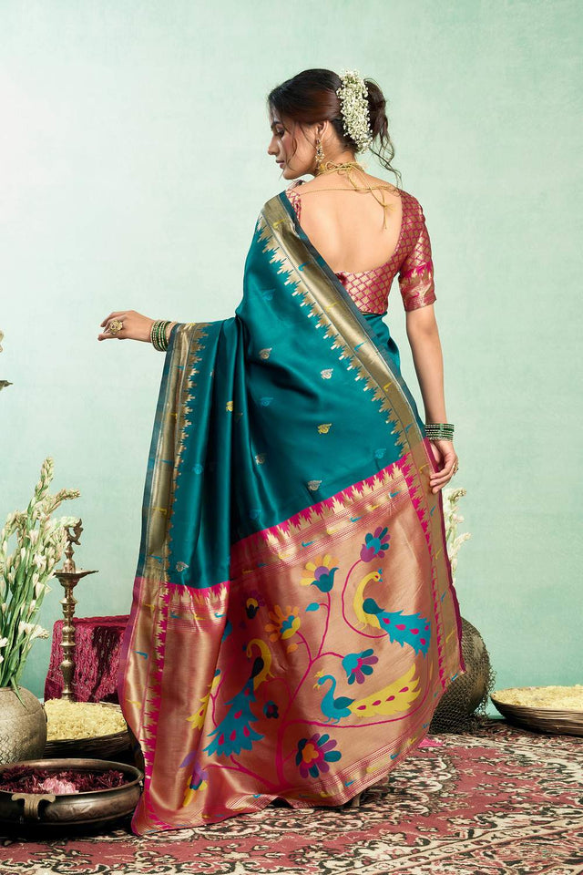 Turquoise Paithani Peacock Woven Silk Blend Saree (HT1601)
