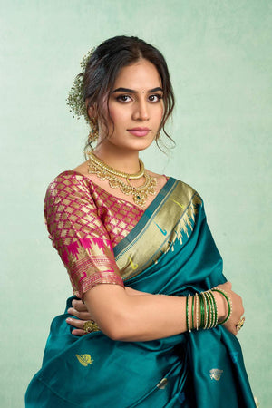 Turquoise Paithani Peacock Woven Silk Blend Saree (HT1601)