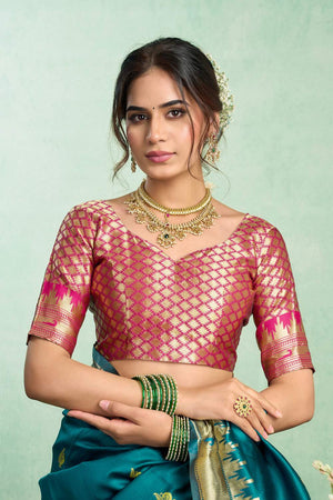 Turquoise Paithani Peacock Woven Silk Blend Saree (HT1601)