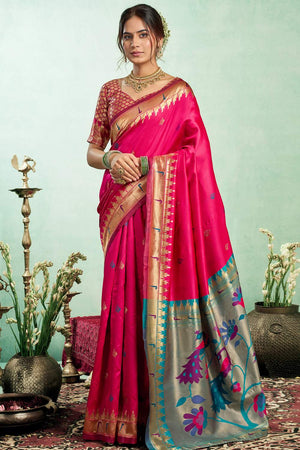 Pink Paithani Peacock Woven Silk Blend Saree (HT1602)