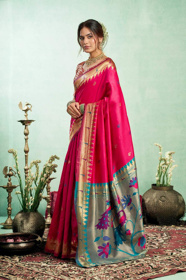 Pink Paithani Peacock Woven Silk Blend Saree (HT1602)