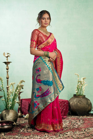 Pink Paithani Peacock Woven Silk Blend Saree (HT1602)