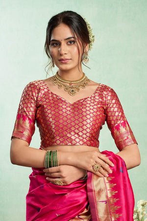 Pink Paithani Peacock Woven Silk Blend Saree (HT1602)