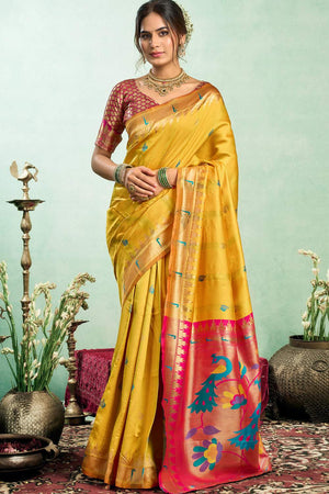 Yellow Paithani Peacock Woven Silk Blend Saree (HT1603)