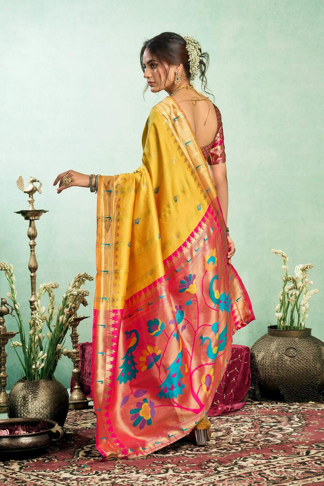 Yellow Paithani Peacock Woven Silk Blend Saree (HT1603)