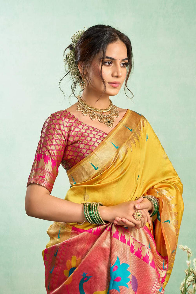 Yellow Paithani Peacock Woven Silk Blend Saree (HT1603)