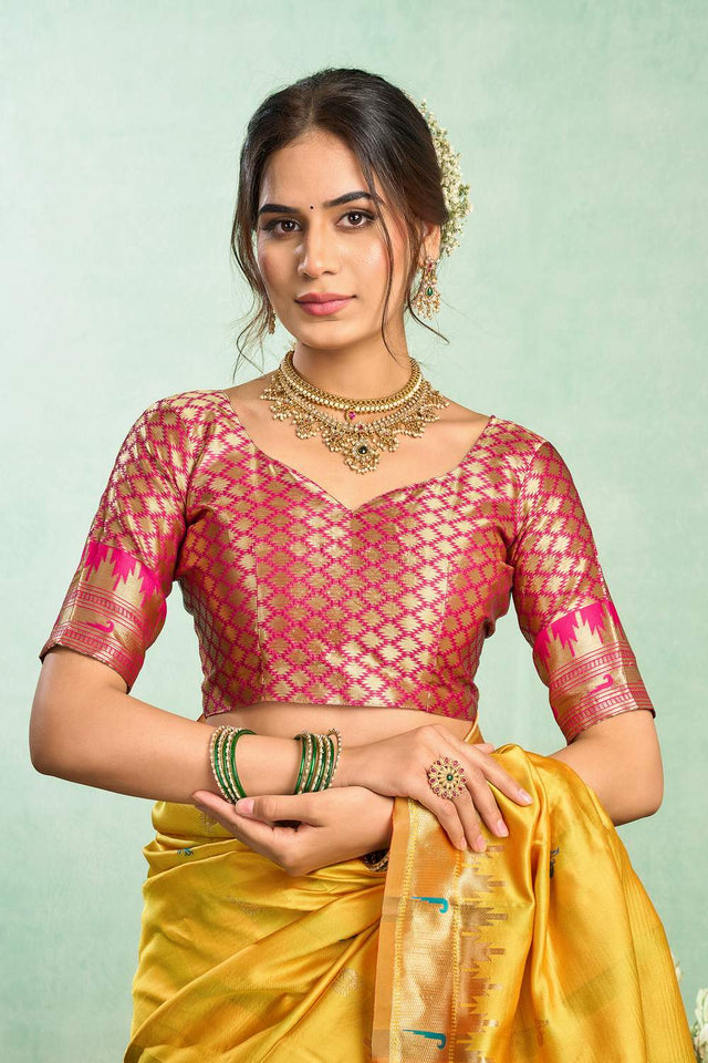 Yellow Paithani Peacock Woven Silk Blend Saree (HT1603)