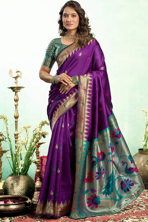 Purple Paithani Peacock Woven Silk Blend Saree (HT1604)