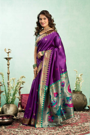 Purple Paithani Peacock Woven Silk Blend Saree (HT1604)