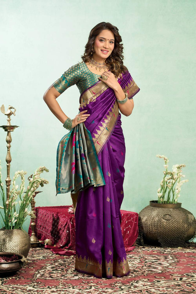 Purple Paithani Peacock Woven Silk Blend Saree (HT1604)