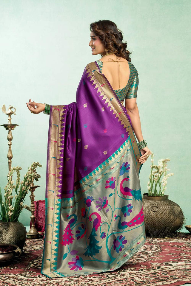 Purple Paithani Peacock Woven Silk Blend Saree (HT1604)