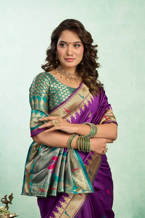 Purple Paithani Peacock Woven Silk Blend Saree (HT1604)