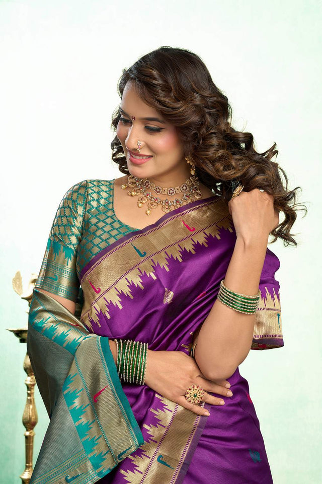 Purple Paithani Peacock Woven Silk Blend Saree (HT1604)