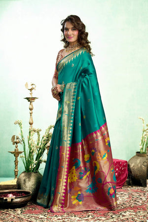 Dark Green Paithani Peacock Woven Silk Blend Saree (HT1606)