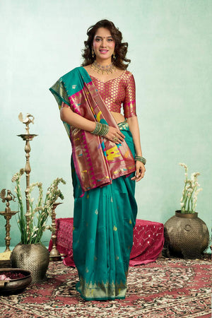 Dark Green Paithani Peacock Woven Silk Blend Saree (HT1606)