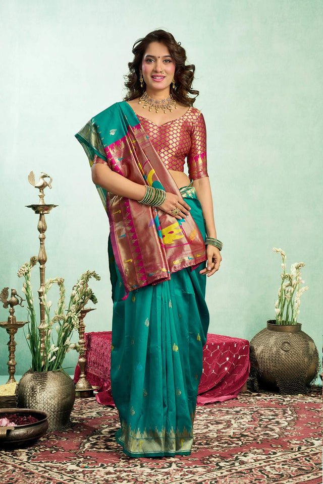 Dark Green Paithani Peacock Woven Silk Blend Saree (HT1606)