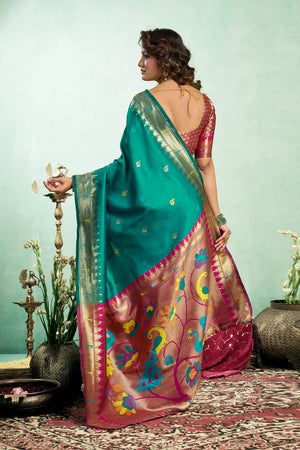 Dark Green Paithani Peacock Woven Silk Blend Saree (HT1606)