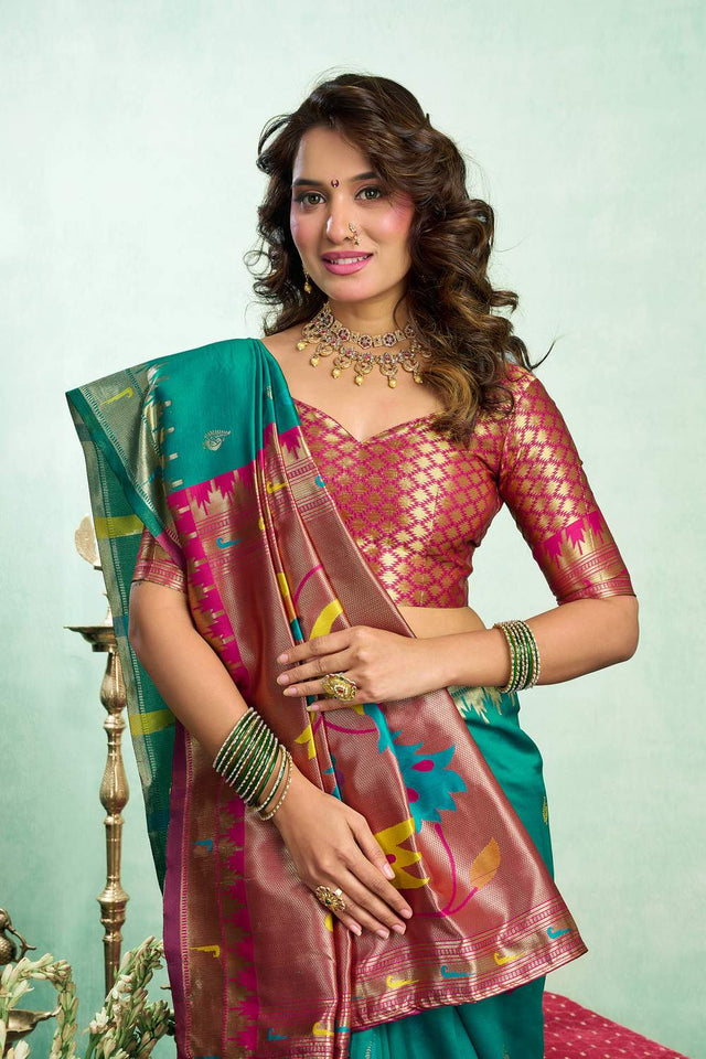 Dark Green Paithani Peacock Woven Silk Blend Saree (HT1606)
