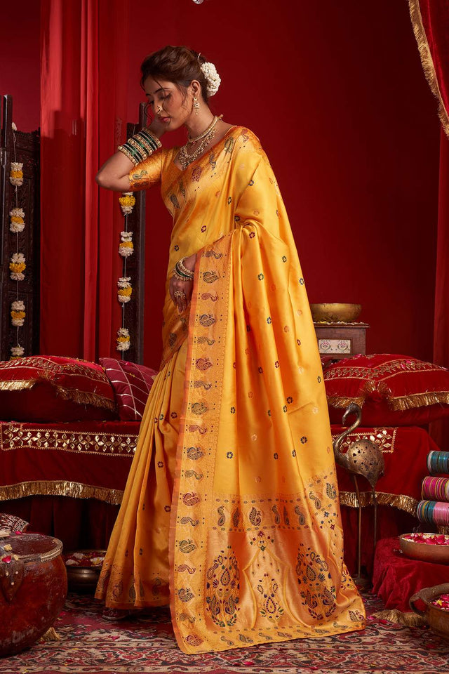 Orange Paithani Floral Woven Silk Blend Saree (HT1703)