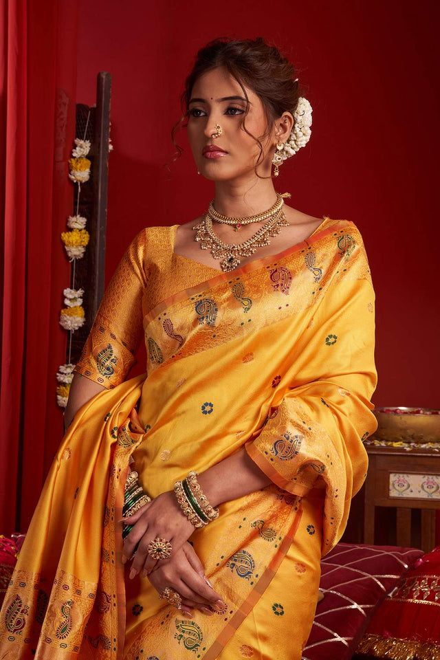 Orange Paithani Floral Woven Silk Blend Saree (HT1703)