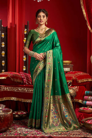 Green Paithani Floral Woven Silk Blend Saree (HT1705)