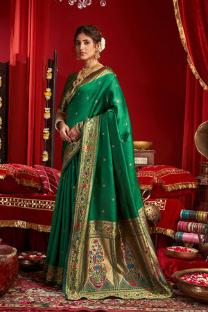 Green Paithani Floral Woven Silk Blend Saree (HT1705)
