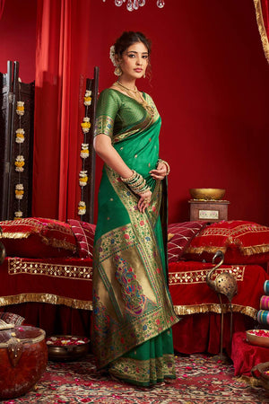 Green Paithani Floral Woven Silk Blend Saree (HT1705)