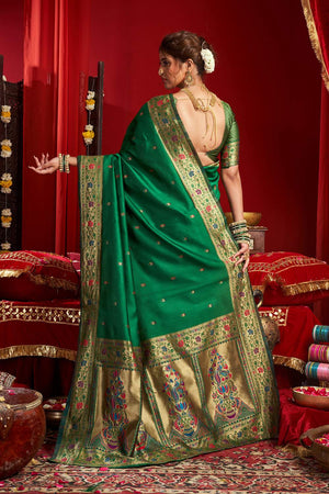Green Paithani Floral Woven Silk Blend Saree (HT1705)